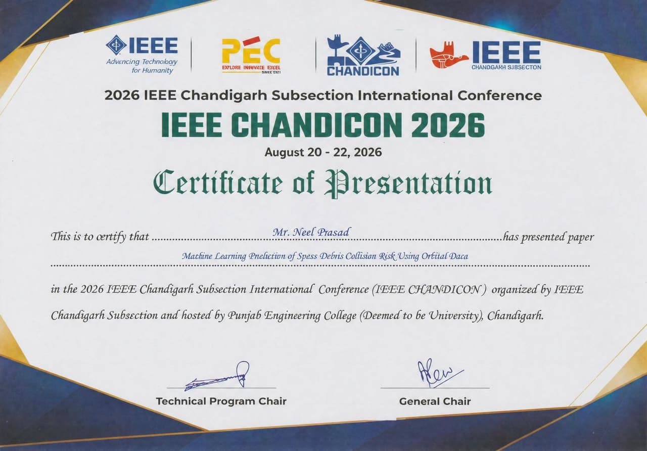 Certificate of Presentation from IEEE CHANDICON 2026 for the space debris collision risk paper
